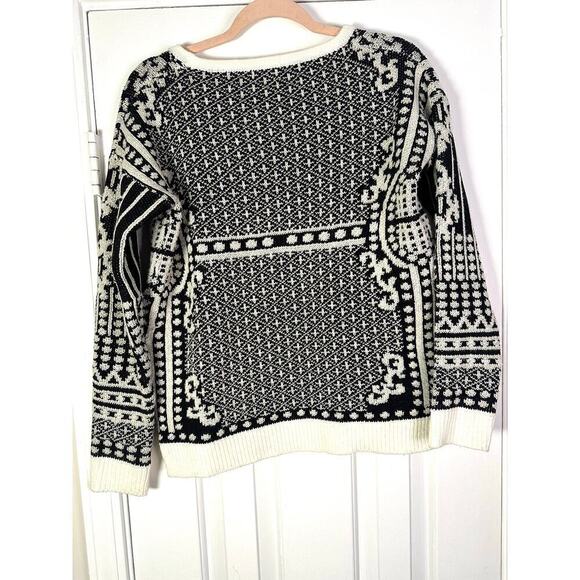TEA & CUP Black White Silver Metallic Thread Nordic Fair Isle Pattern Sweater M - Picture 4 of 4
